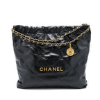 CHANEL 22 BAG MEDIUM SHINY CALFSKIN BLACK IN GOLD LETTER GHW (MICROCHIP)