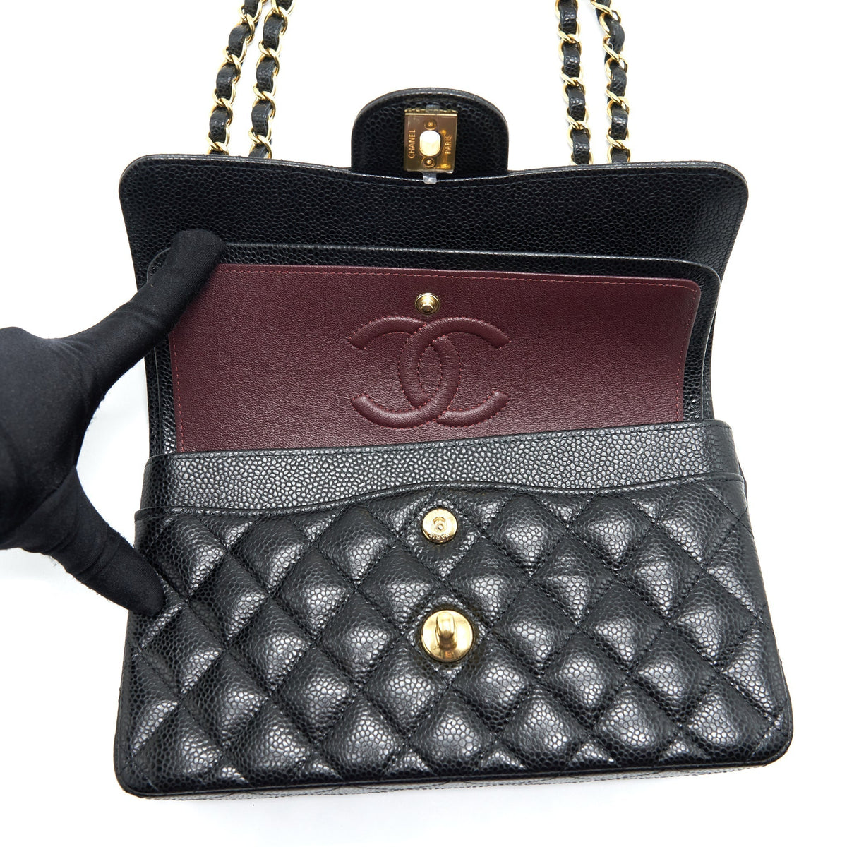 CHANEL SMALL CLASSIC DOUBLE FLAP BAG CAVIAR BLACK GHW (MICROCHIP)