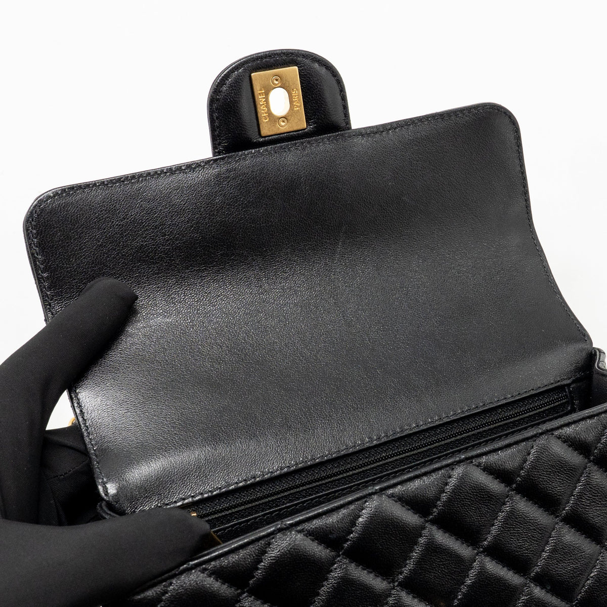 Chanel Letter Detailed Top Handle Flap Bag Lambskin Black GHW (Microchip)