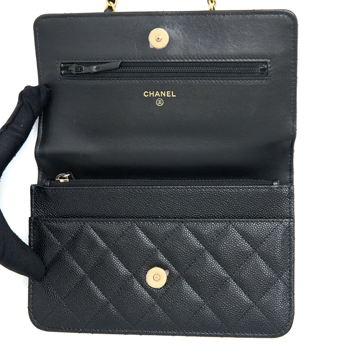 CHANEL LETTER TOP HANDLE WALLET ON CHAIN CAVIAR BLACK GHW