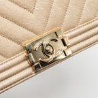 CHANEL MEDIUM CHEVRON BOY BAG CAVIAR IRIDESCENCE LIGHT BEIGE LGHW