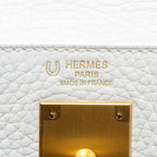HERMES KELLY 28 SPECIAL ORDER CLEMENCE LEATHER BLANC / BLUE NUIT BRUSHED GHW