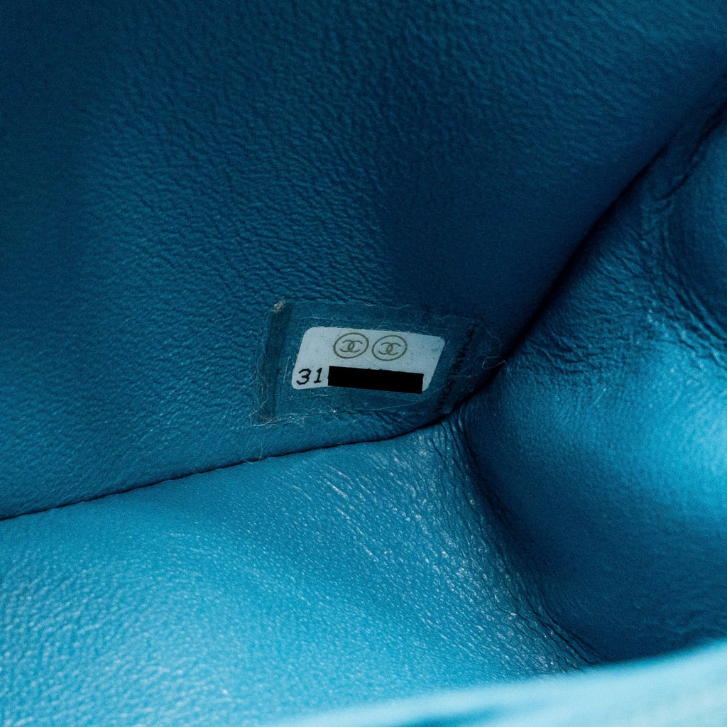 CHANEL MINI RECTANGULAR FLAP BAG LAMBSKIN YELLLOW/BLUE WITH IRIDESCENT BLUE HARDWARE