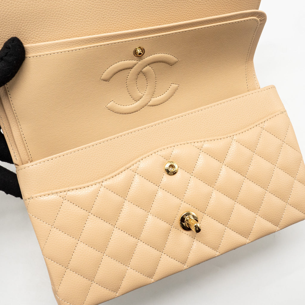 CHANEL MEDIUM CLASSIC DOUBLE FLAP BAG CAVIAR BEIGE LGHW (MICROCHIP)