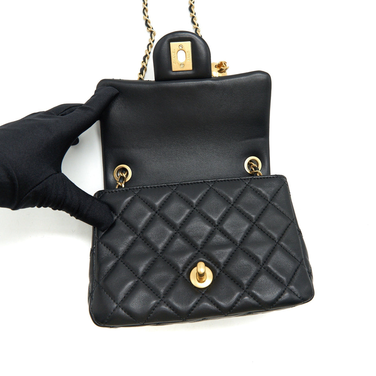 CHANEL 21B PEARL CRUSH MINI SQUARE FLAP BAG BLACK GHW (MICROCHIP)
