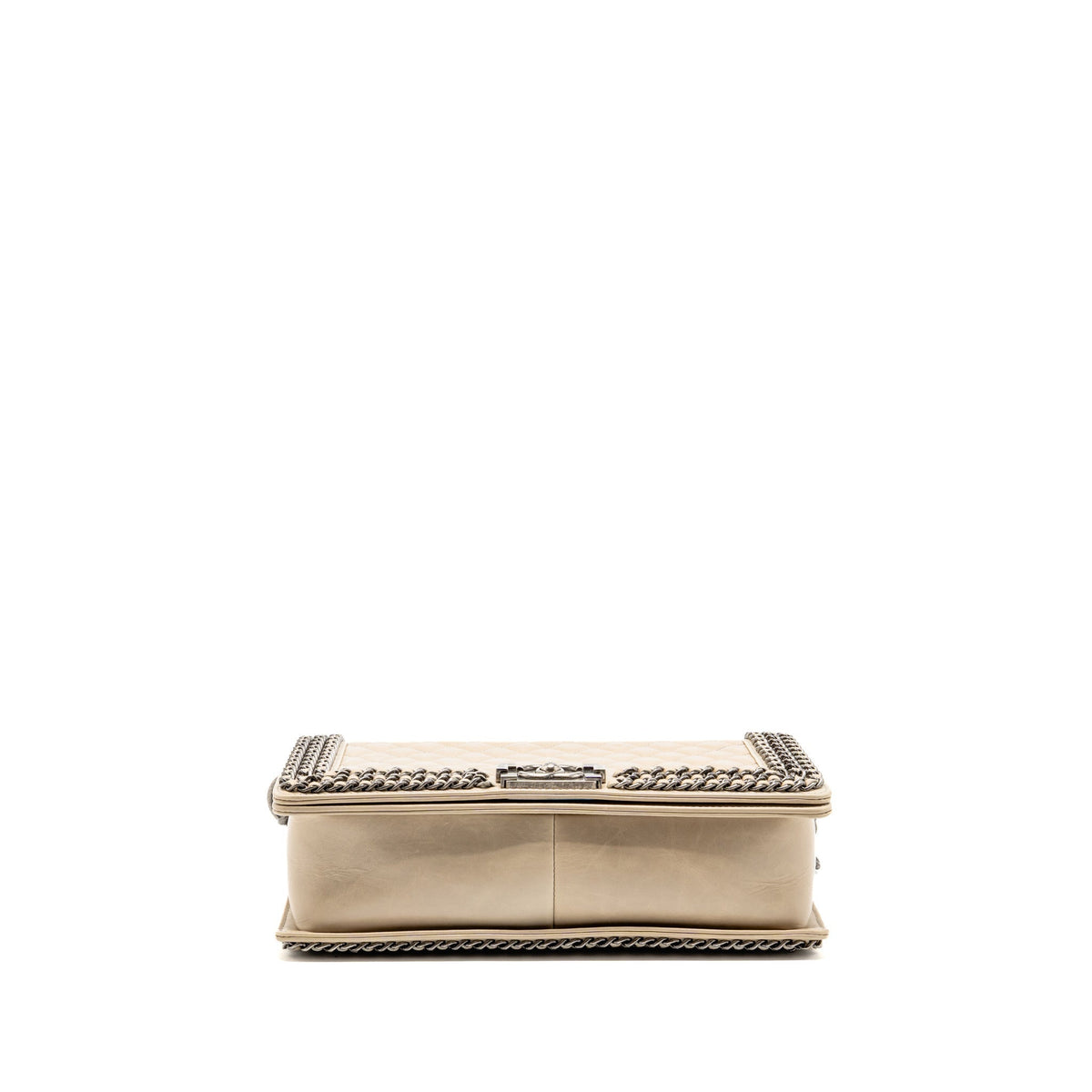 Chanel Old Medium Boy Bag with Chain Calfskin Beige Ruthenium Hardware
