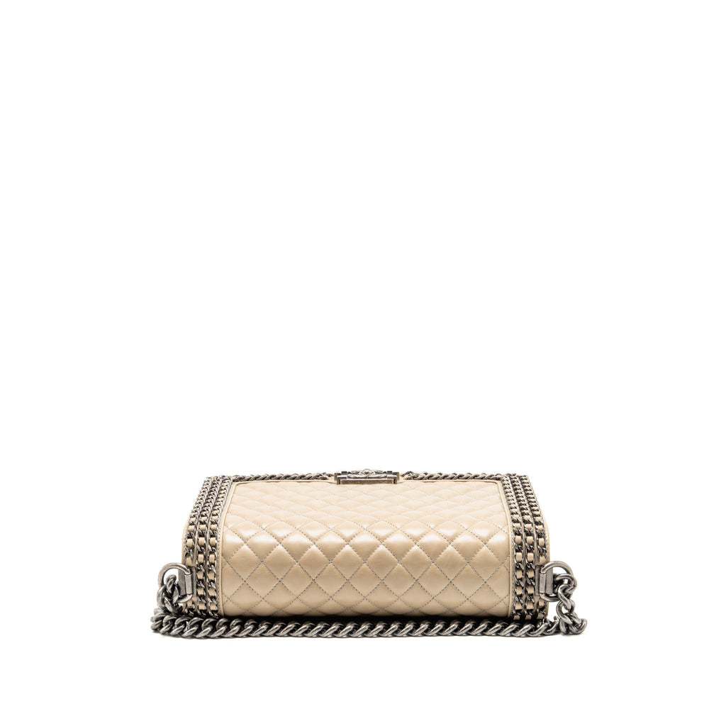 Chanel Old Medium Boy Bag with Chain Calfskin Beige Ruthenium Hardware