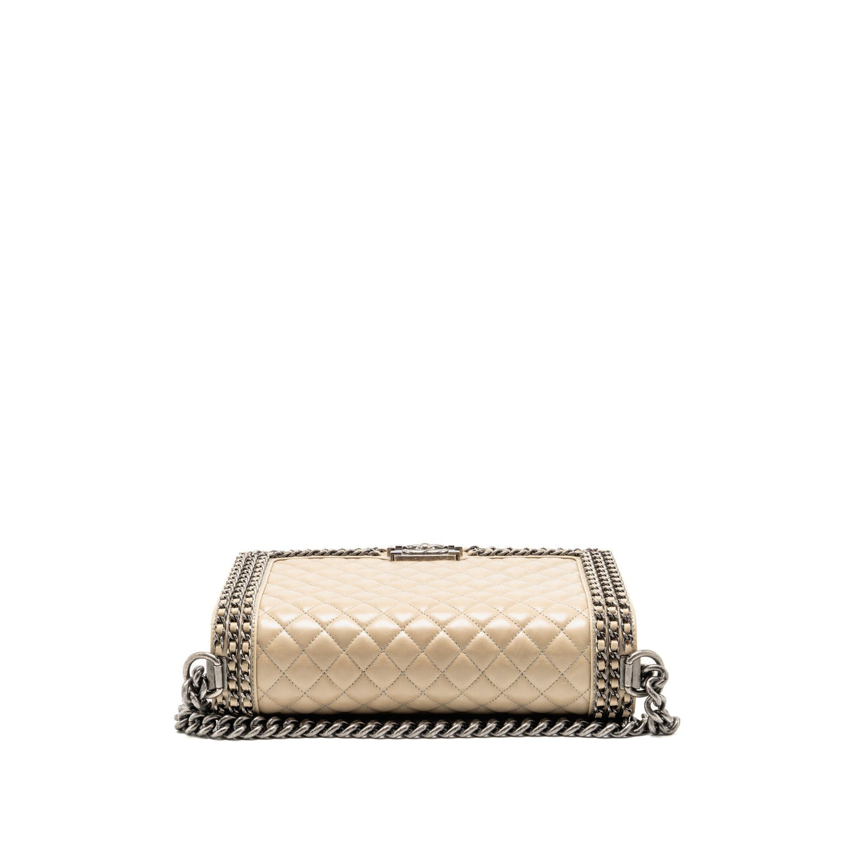 Chanel Old Medium Boy Bag with Chain Calfskin Beige Ruthenium Hardware
