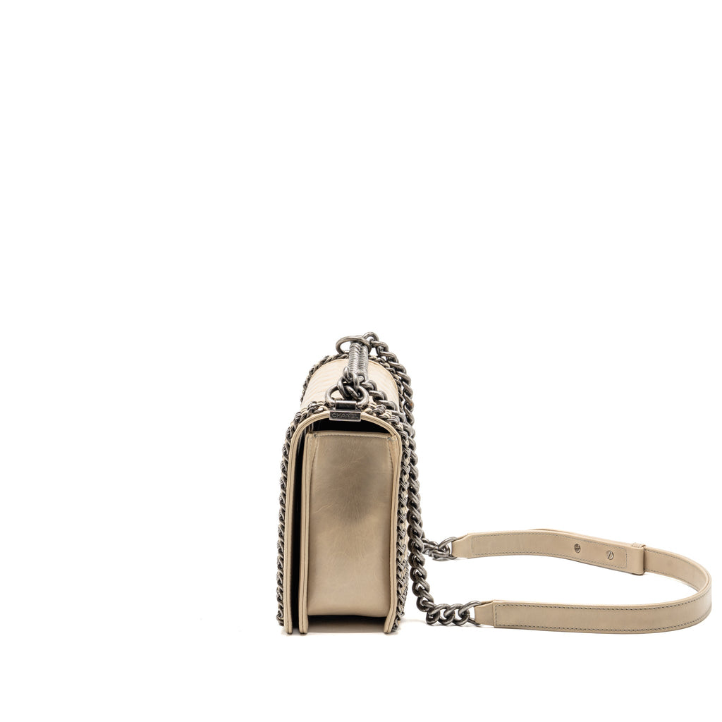 Chanel Old Medium Boy Bag with Chain Calfskin Beige Ruthenium Hardware
