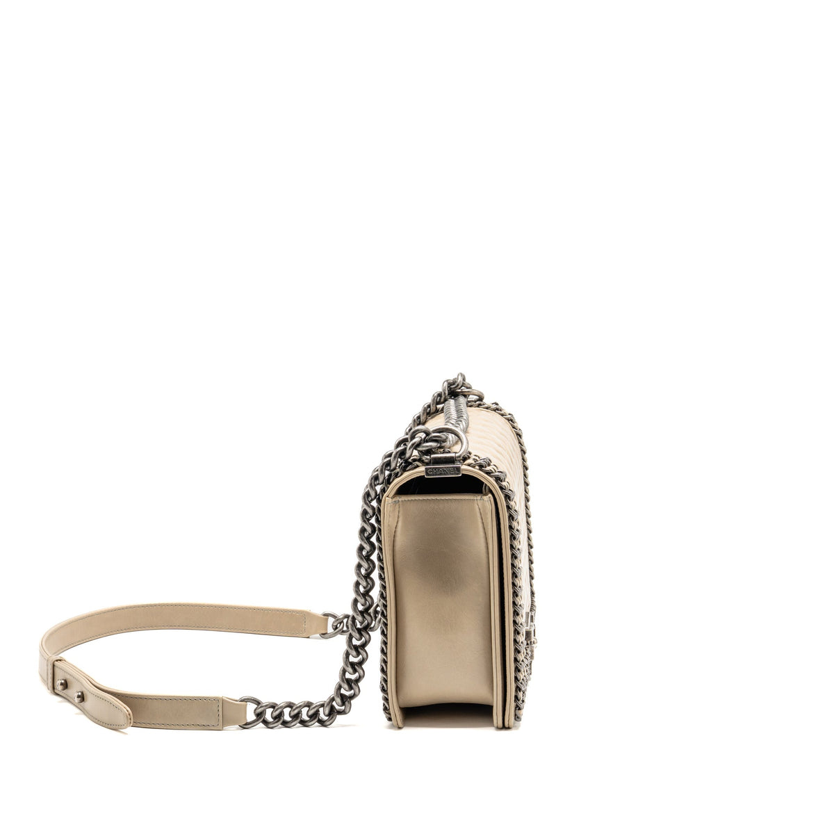 Chanel Old Medium Boy Bag with Chain Calfskin Beige Ruthenium Hardware