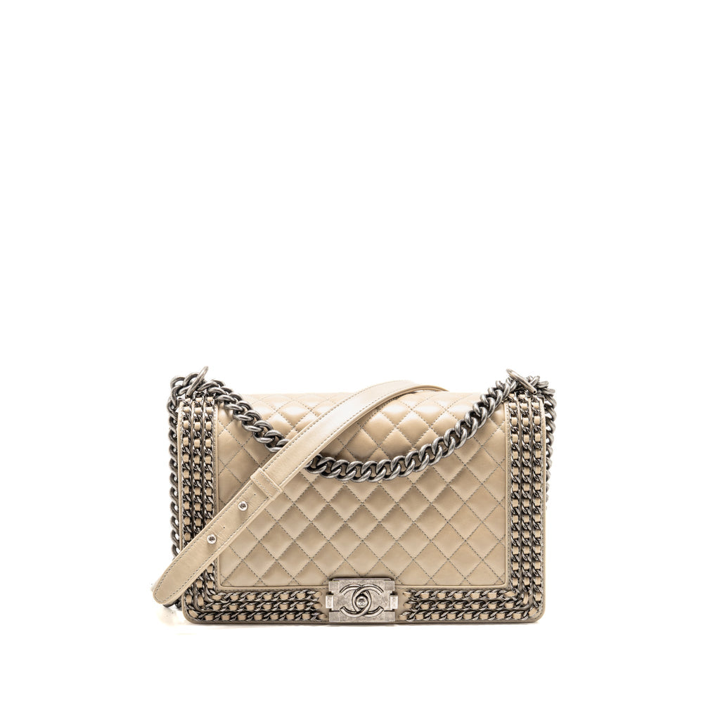 Chanel Old Medium Boy Bag with Chain Calfskin Beige Ruthenium Hardware