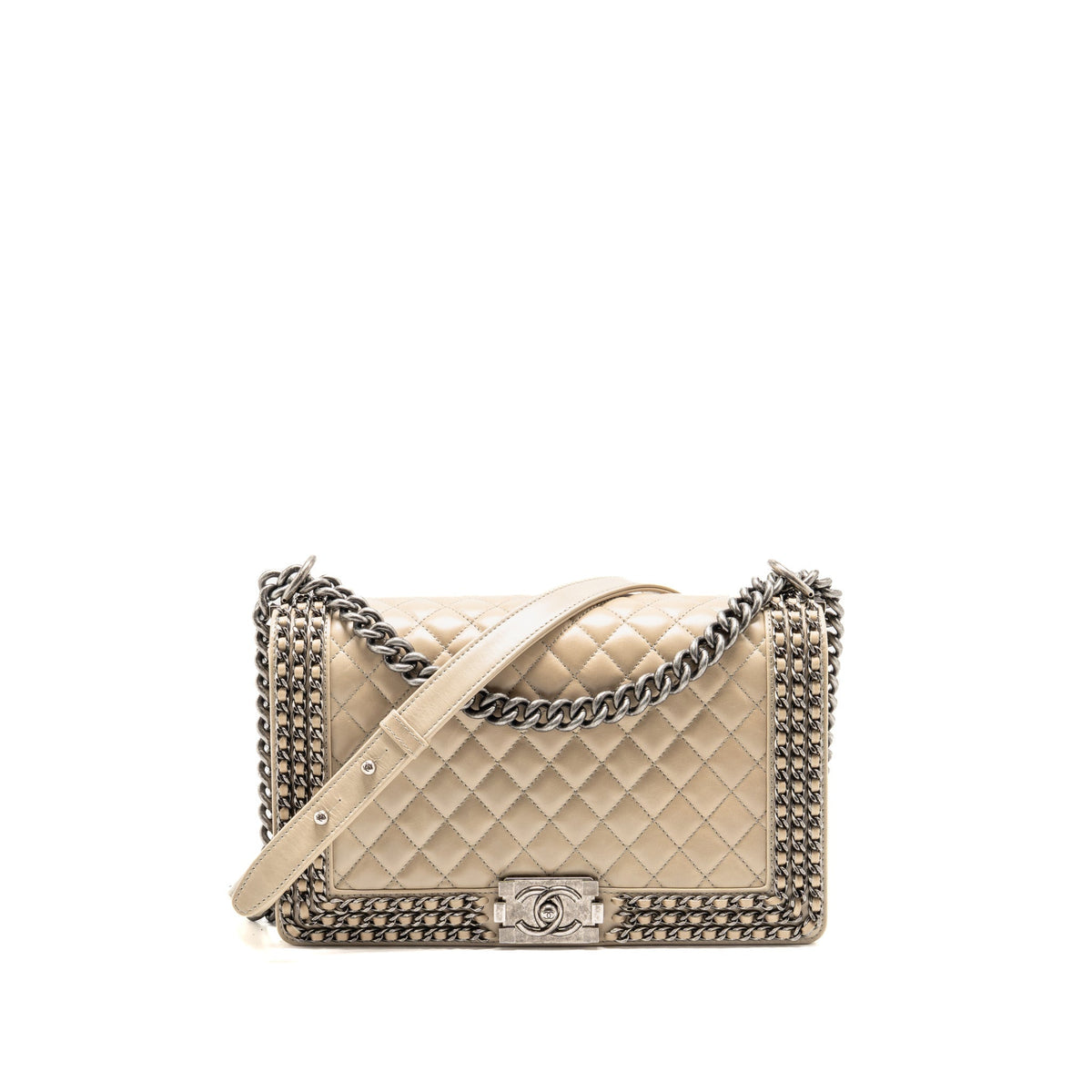Chanel Old Medium Boy Bag with Chain Calfskin Beige Ruthenium Hardware