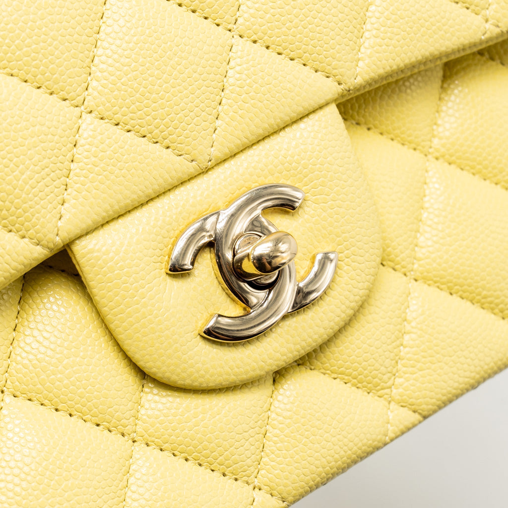 CHANEL MEDIUM CLASSIC DOUBLE FLAP BAG CAVIAR LIGHT YELLOW LGHW