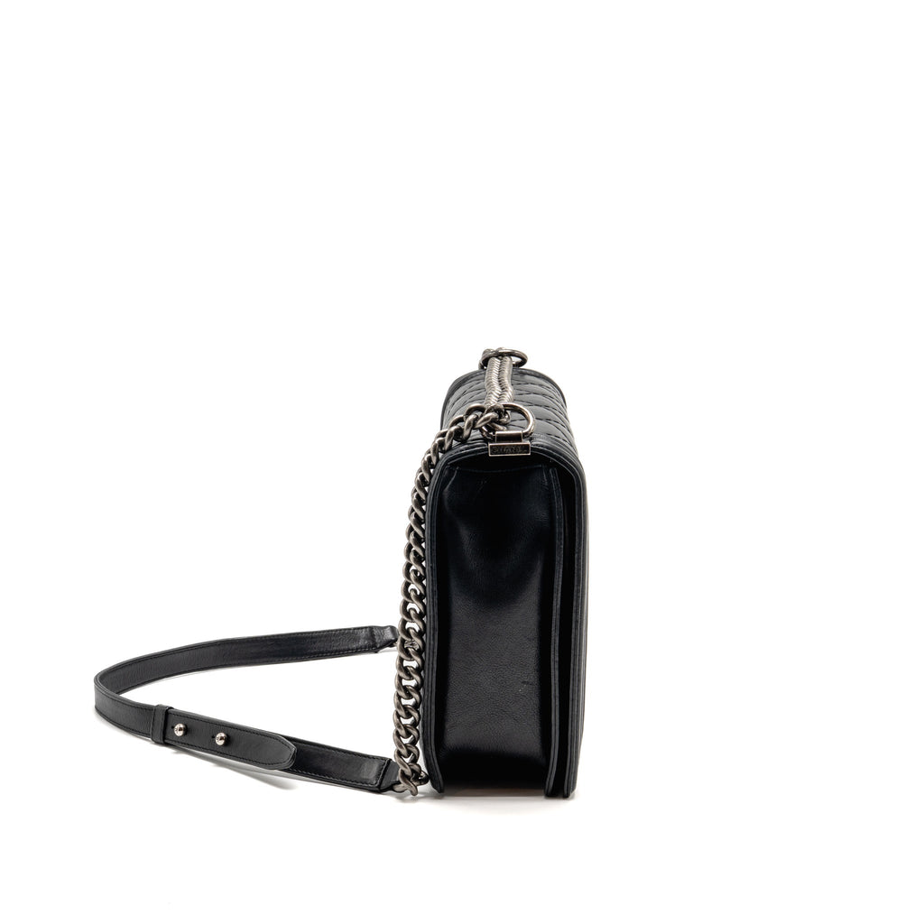 Chanel large boy bag quilted calfskin black ruthenium silver hardware