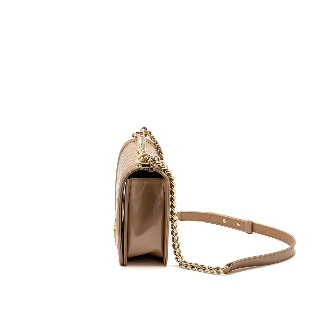 Chanel new medium boy bag patent iridescent beige LGHW