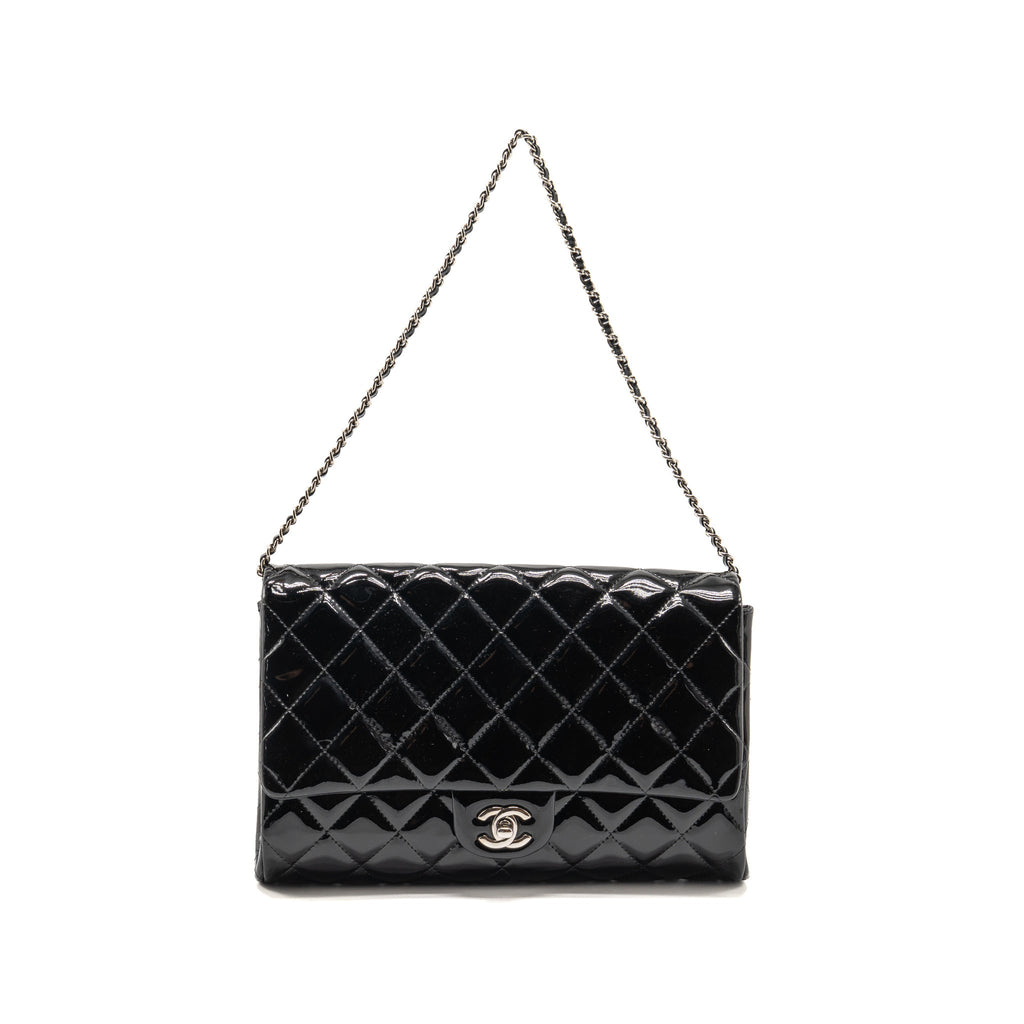 Chanel timeless flap clutch with chain patent black SHW