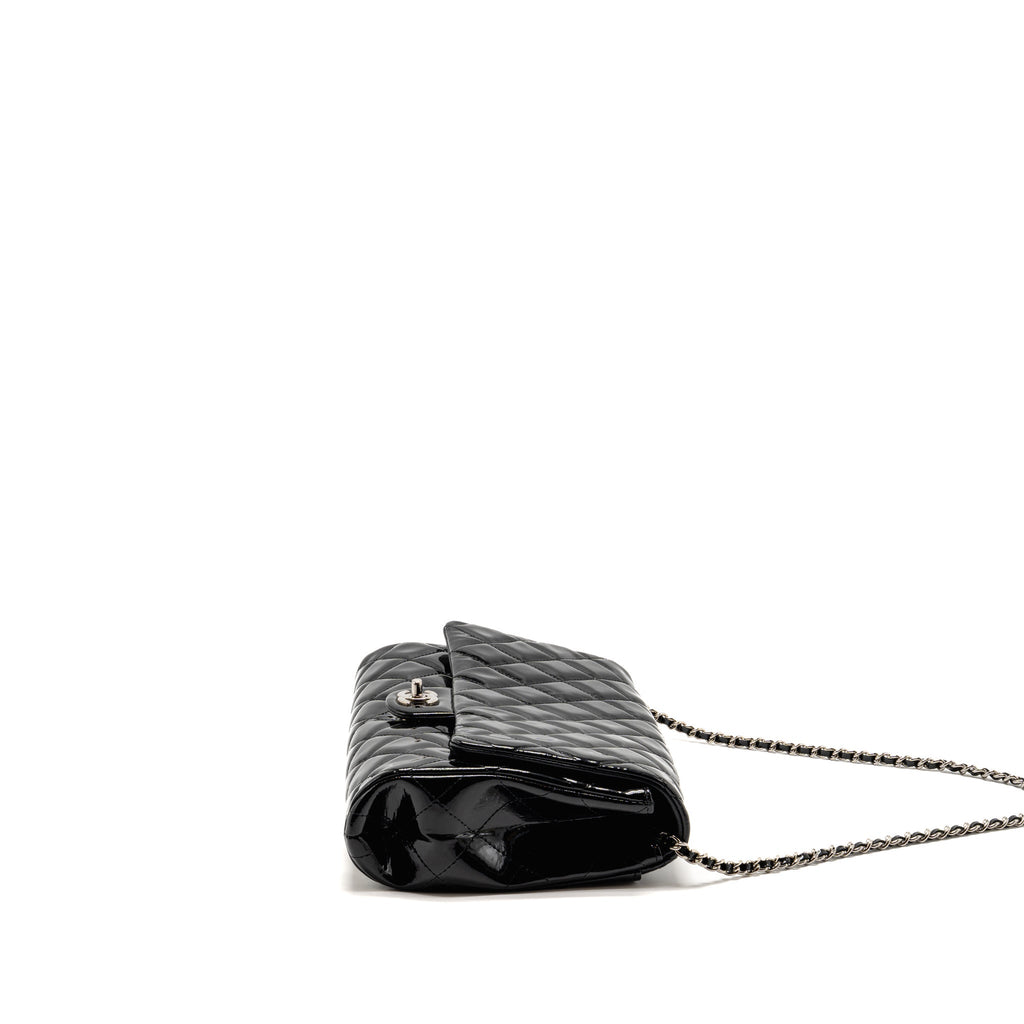 Chanel timeless flap clutch with chain patent black SHW