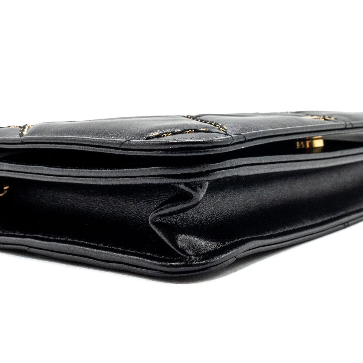 CHANEL QUILTED WALLET ON CHAIN SHINY CALFSKIN BLACK GHW (MICROCHIP)