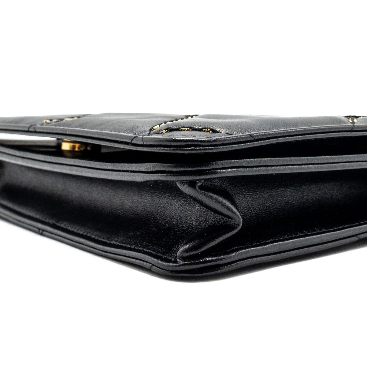 CHANEL QUILTED WALLET ON CHAIN SHINY CALFSKIN BLACK GHW (MICROCHIP)