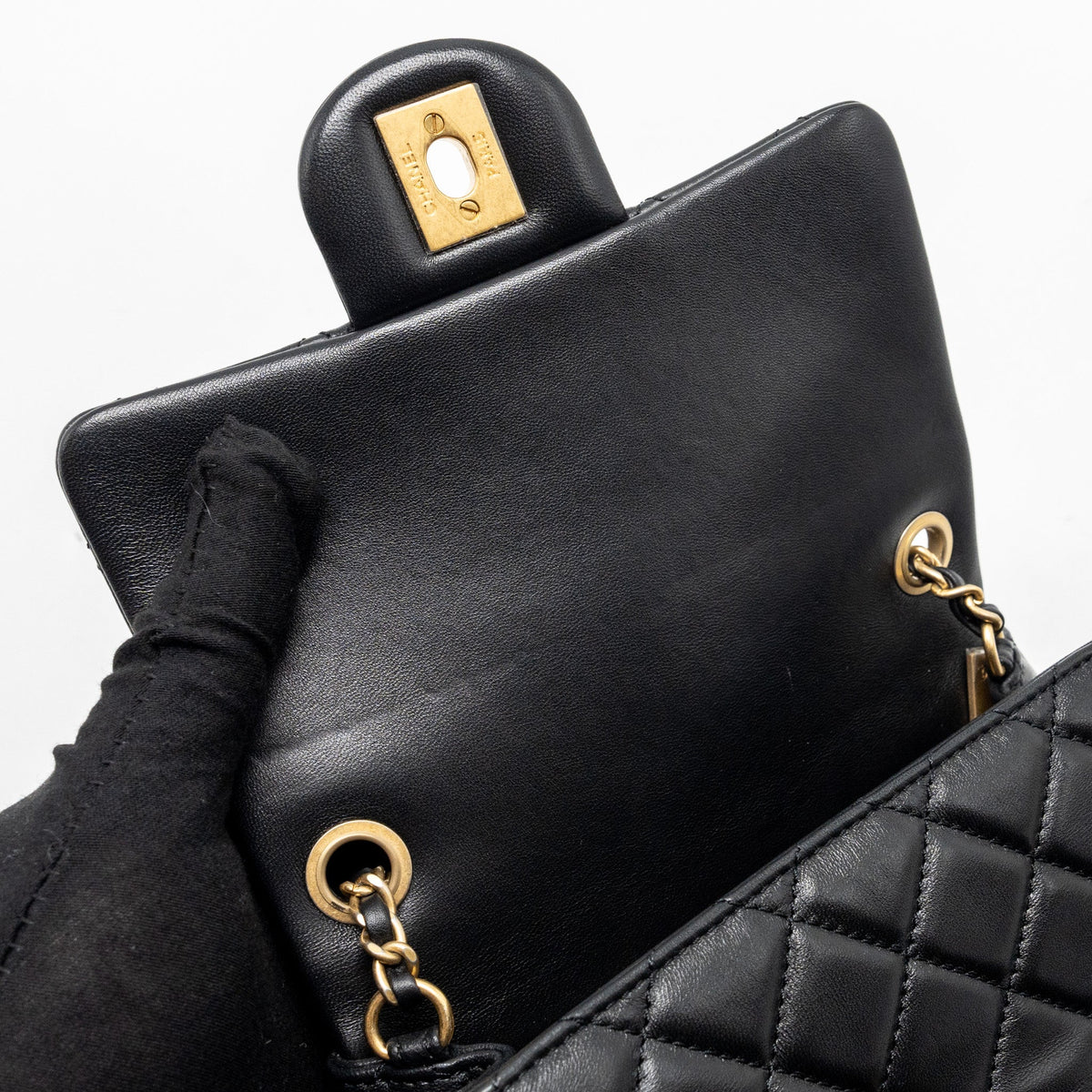 CHANEL PEARL CRUSH MINI SQUARE FLAP BAG LAMBSKIN BLACK GHW (MICROCHIP)