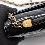 CHANEL 22K TOP HANDLE MESSENGER BAG PATENT LEATHER BLACK BRUSHED GHW (MICROCHIP)