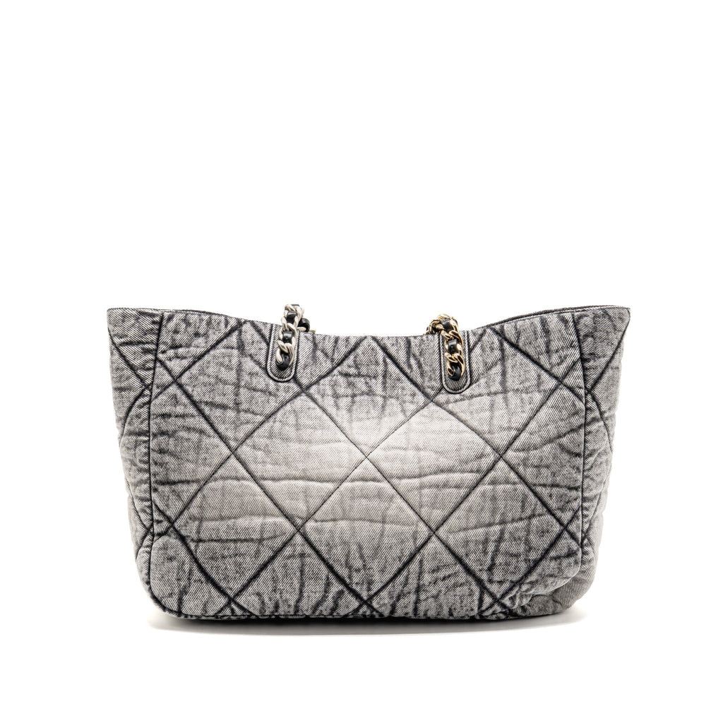 Chanel 19 Denim Shopping Tote Bag Washed Denim Grey / White Multicolour Hardware