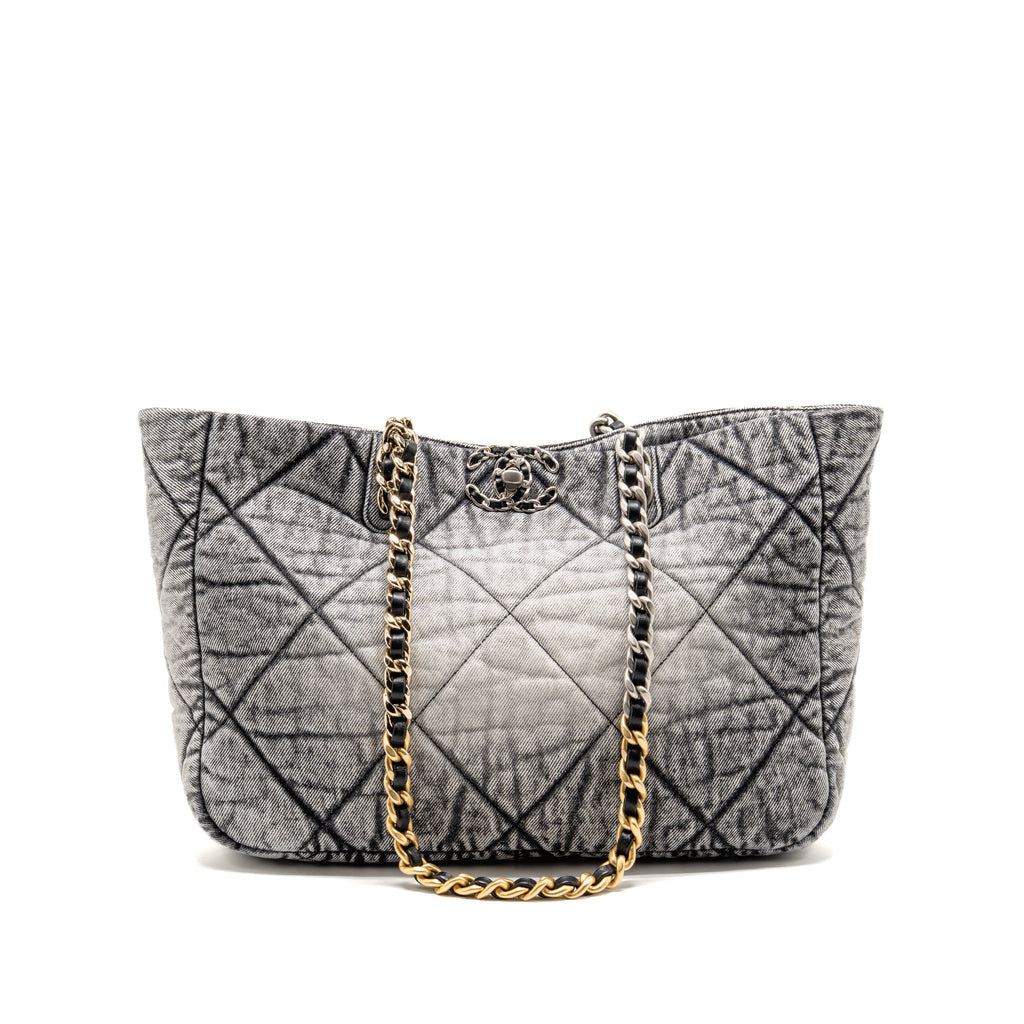 Chanel 19 Denim Shopping Tote Bag Washed Denim Grey / White Multicolour Hardware