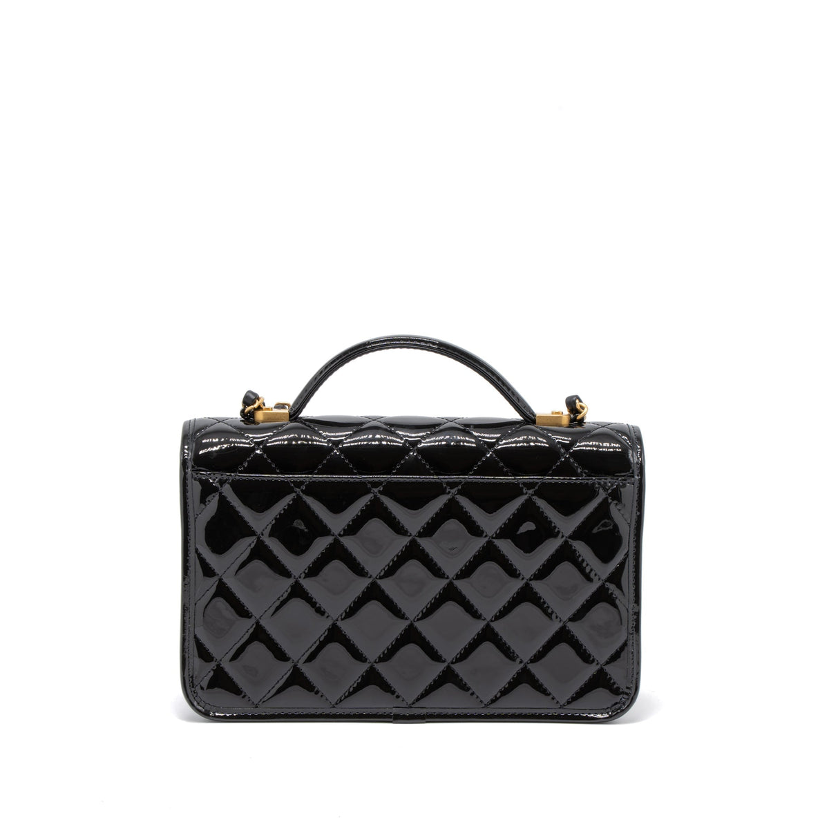 CHANEL 22K TOP HANDLE MESSENGER BAG PATENT LEATHER BLACK BRUSHED GHW (MICROCHIP)