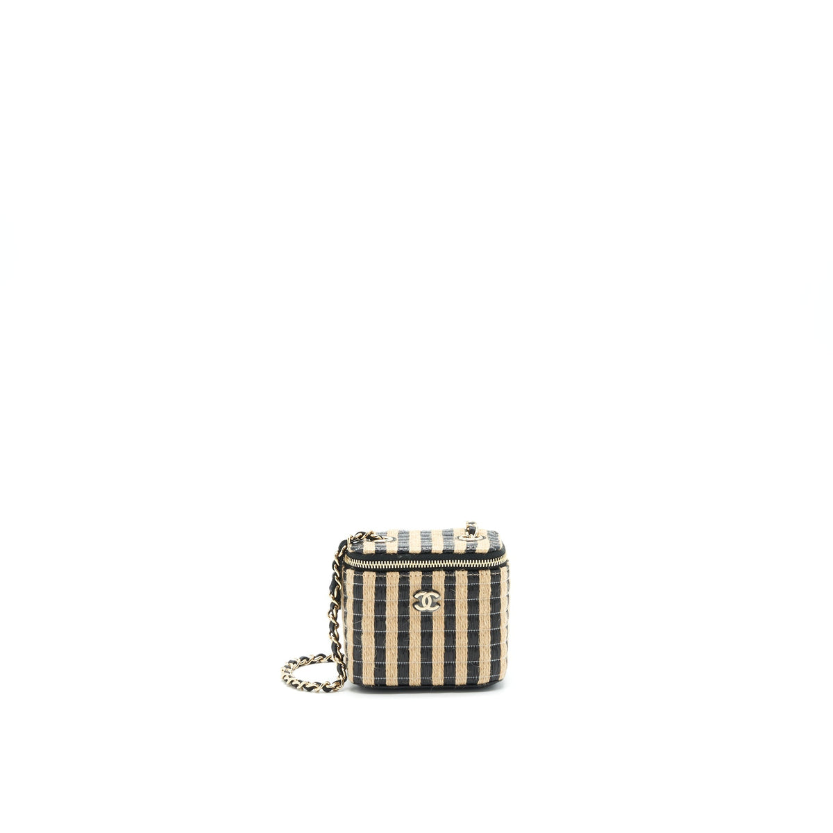 CHANEL SMALL VANITY WITH CHAIN RAFFIA BLACK BEIGE STRIPE
