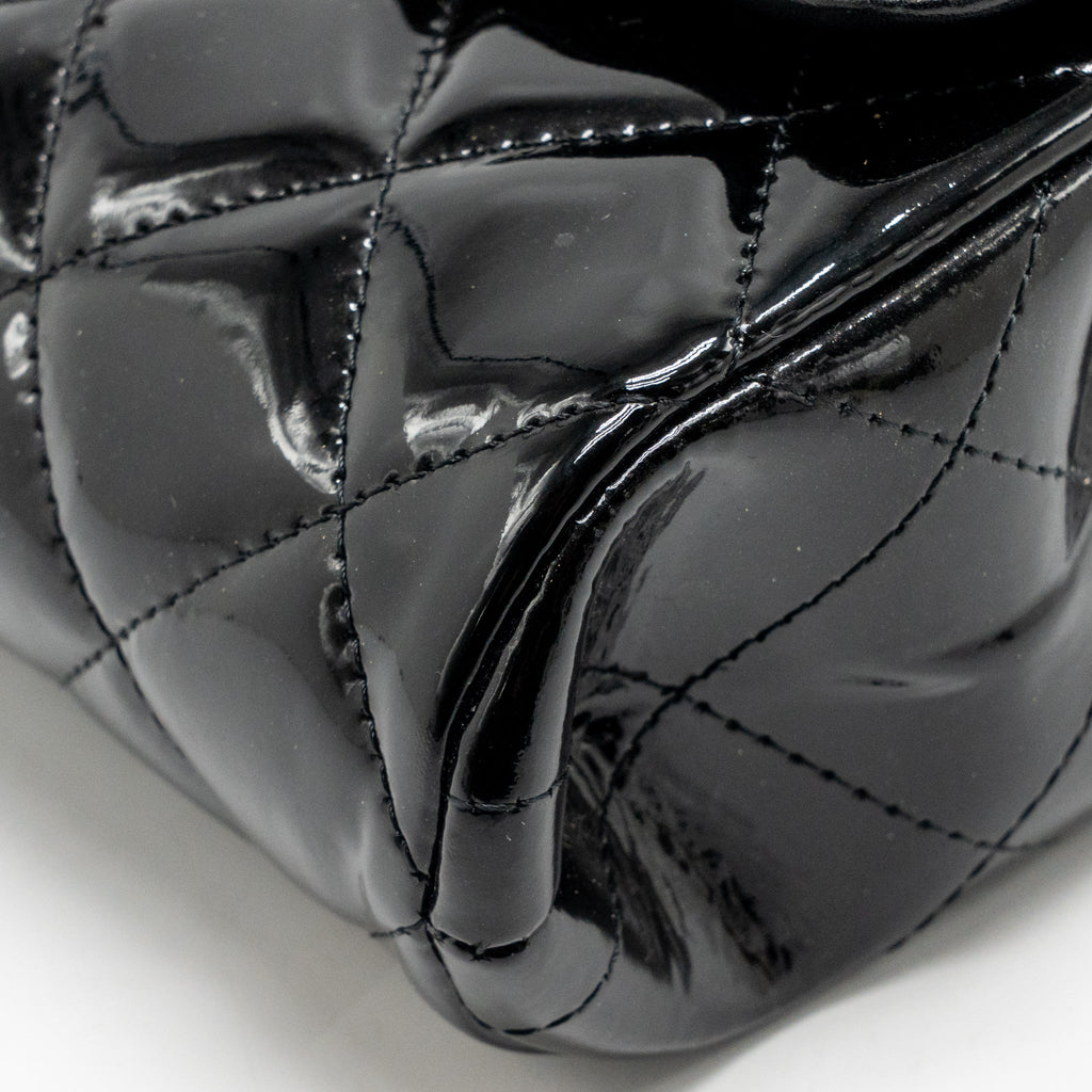 Chanel timeless flap clutch with chain patent black SHW