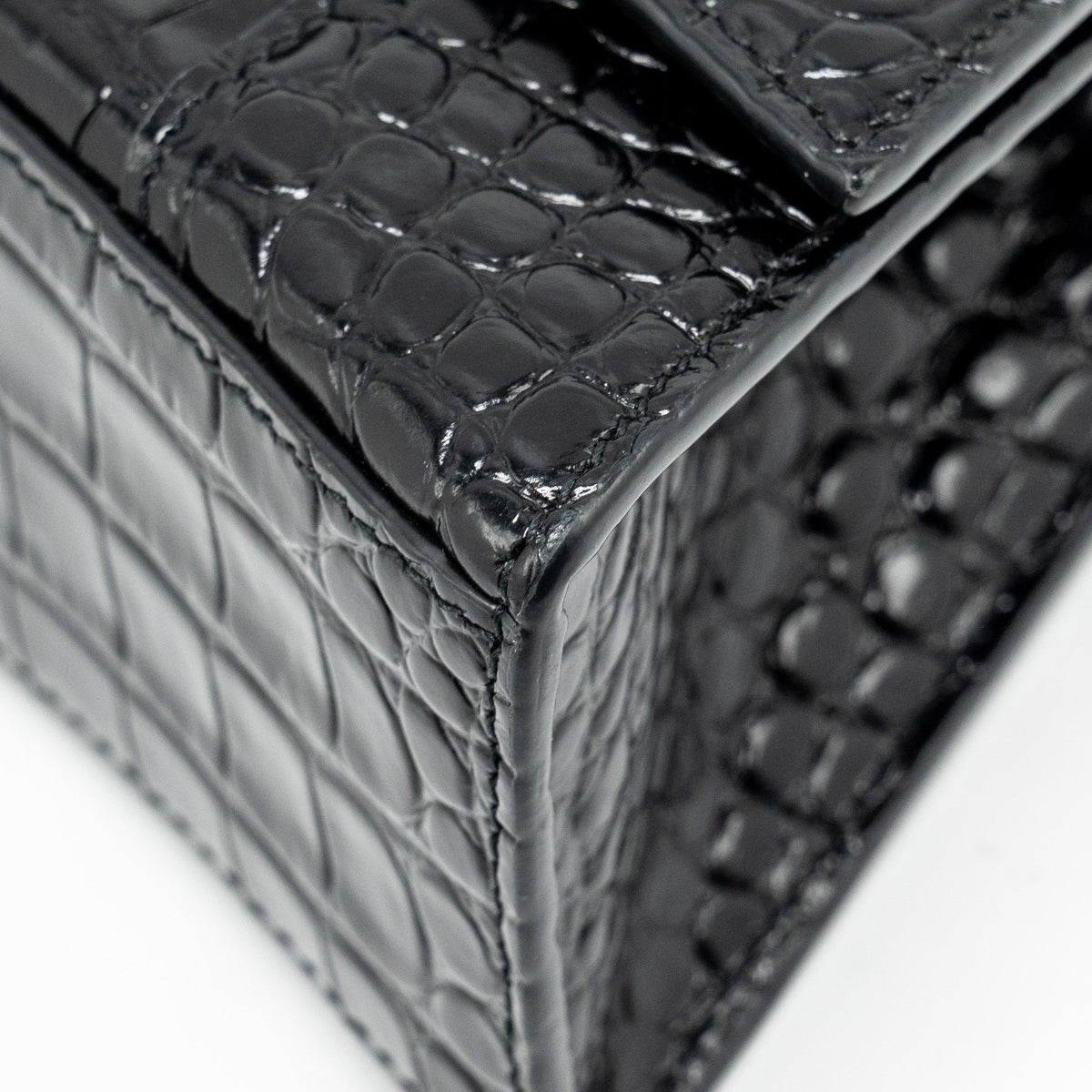 BALENCIAGA XS HOURGLASS CROC-EMBOSSED CALFSKIN SO BLACK