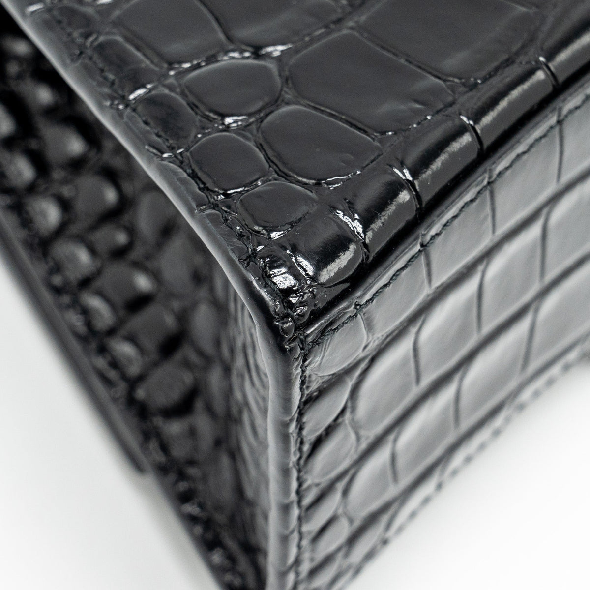 BALENCIAGA XS HOURGLASS CROC-EMBOSSED CALFSKIN SO BLACK