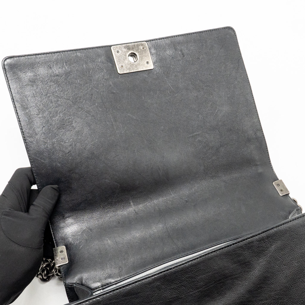 Chanel large boy bag quilted calfskin black ruthenium silver hardware