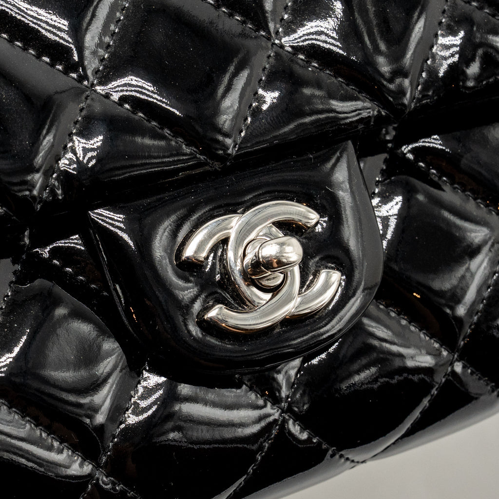 Chanel timeless flap clutch with chain patent black SHW