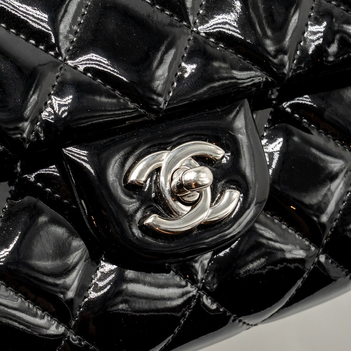 Chanel timeless flap clutch with chain patent black SHW