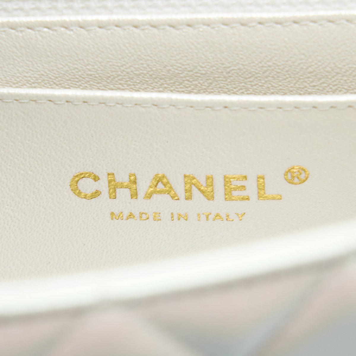 CHANEL CLASSIC MINI RECTANGULAR FLAP BAG CALFSKIN IRIDESCENT WHITE LGHW