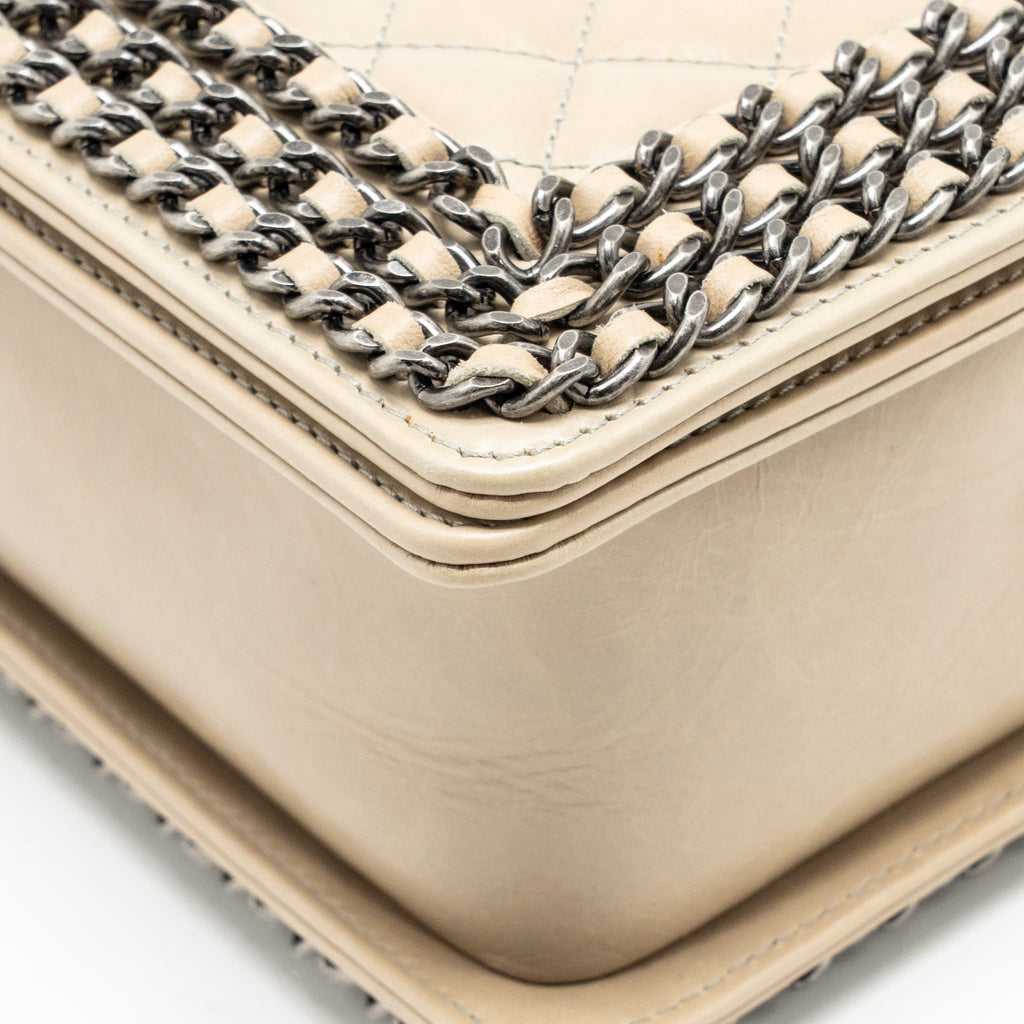 Chanel Old Medium Boy Bag with Chain Calfskin Beige Ruthenium Hardware