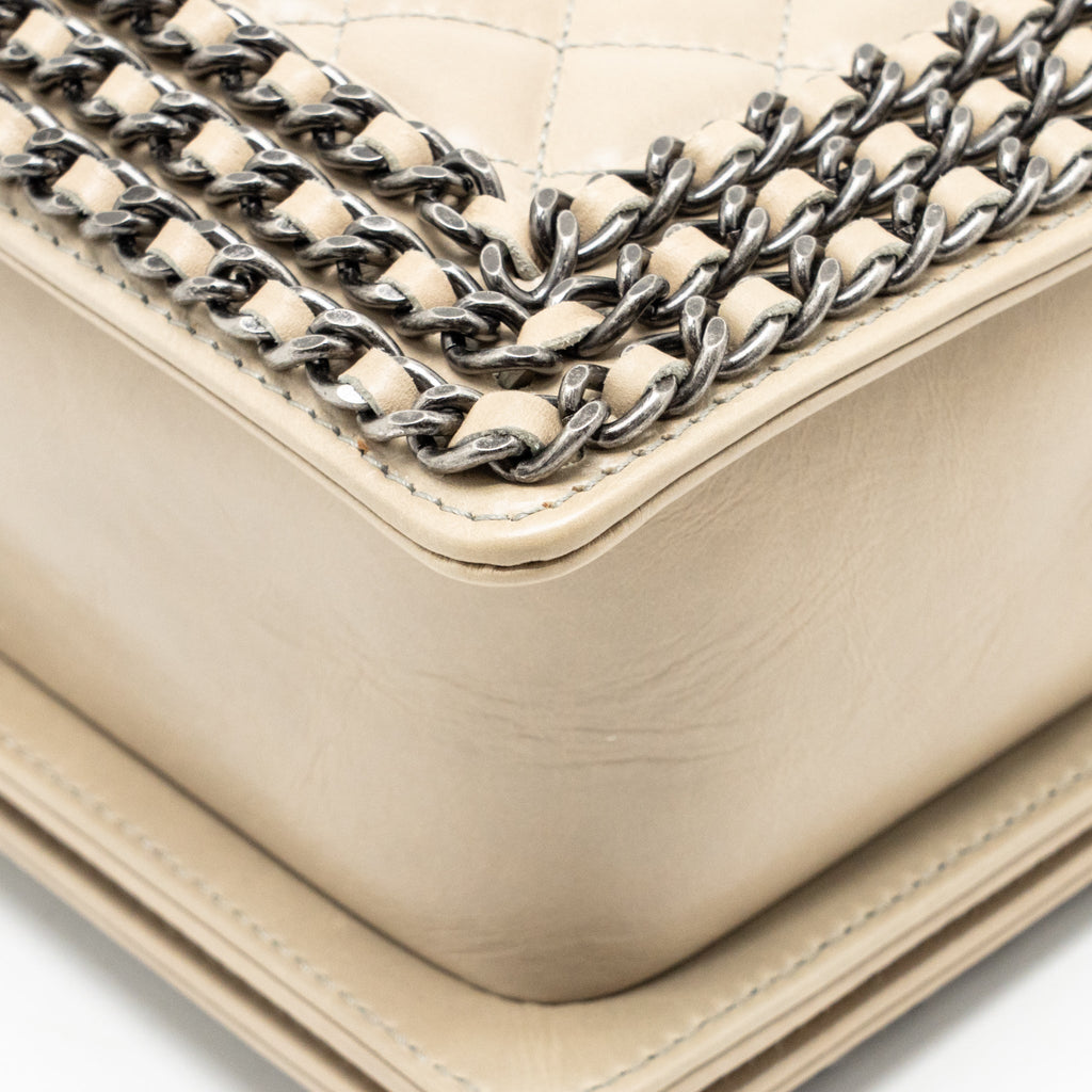 Chanel Old Medium Boy Bag with Chain Calfskin Beige Ruthenium Hardware