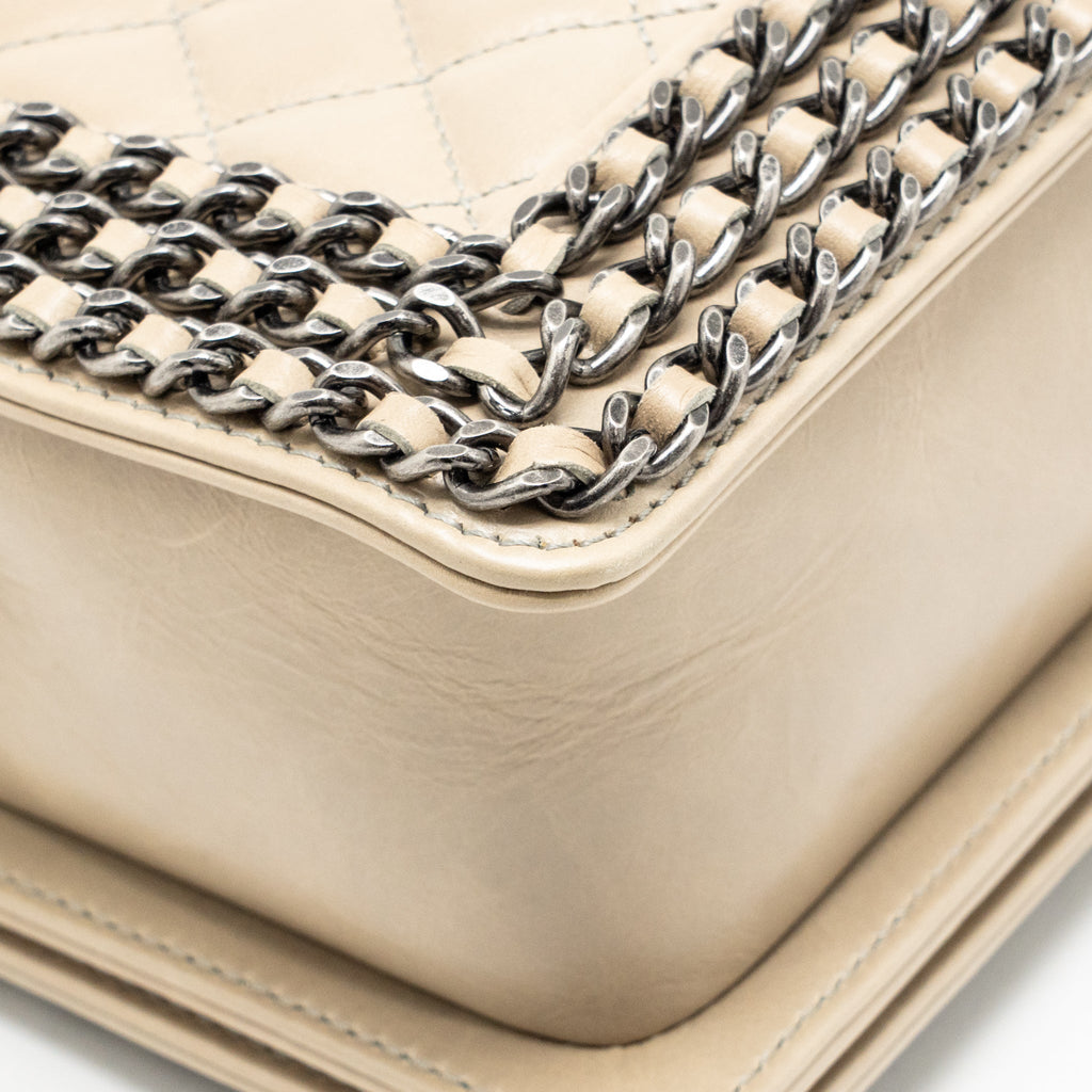 Chanel Old Medium Boy Bag with Chain Calfskin Beige Ruthenium Hardware