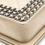Chanel Old Medium Boy Bag with Chain Calfskin Beige Ruthenium Hardware