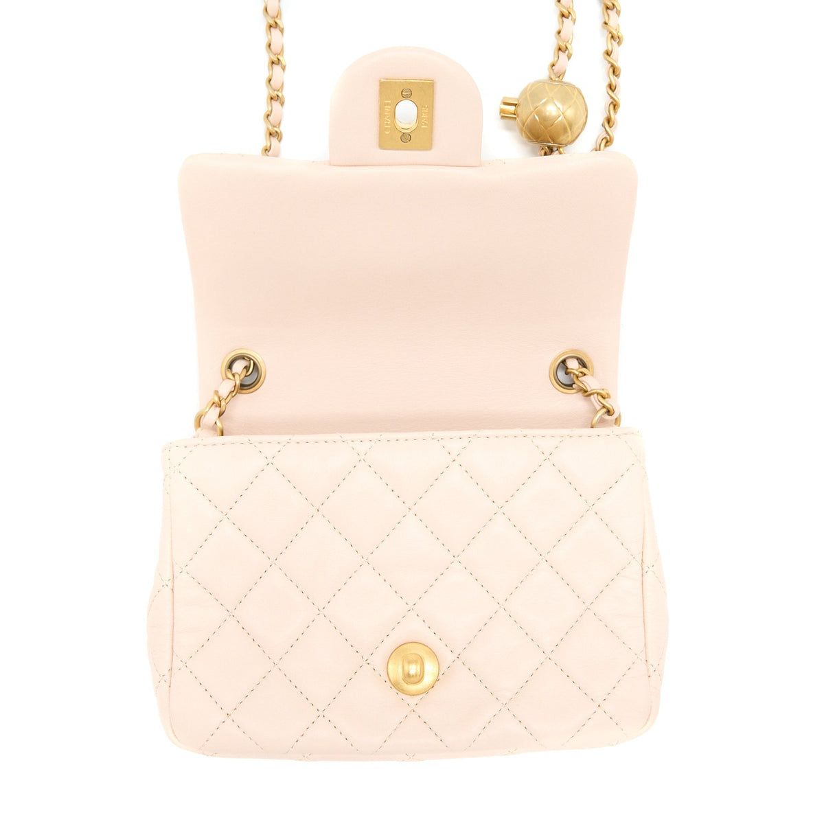CHANEL PEARL CRUSH MINI SQUARE LAMBSKIN LIGHT BEIGE BRUSHED GHW(MICROCHIP)