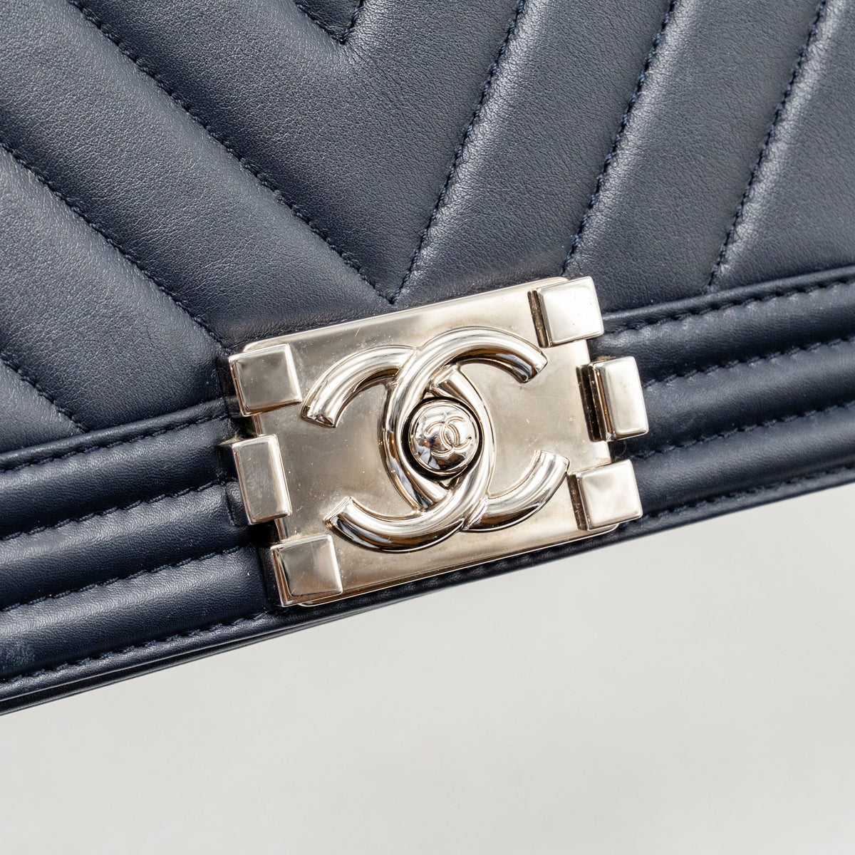 Chanel Medium Chevron Boy Bag Calfskin Blue SHW