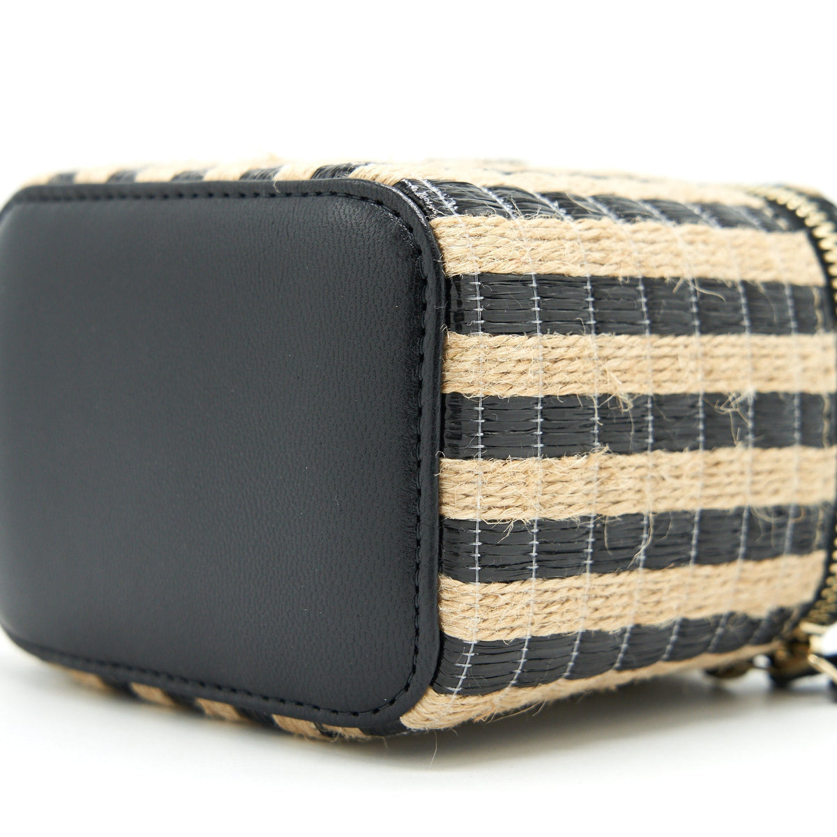 CHANEL SMALL VANITY WITH CHAIN RAFFIA BLACK BEIGE STRIPE