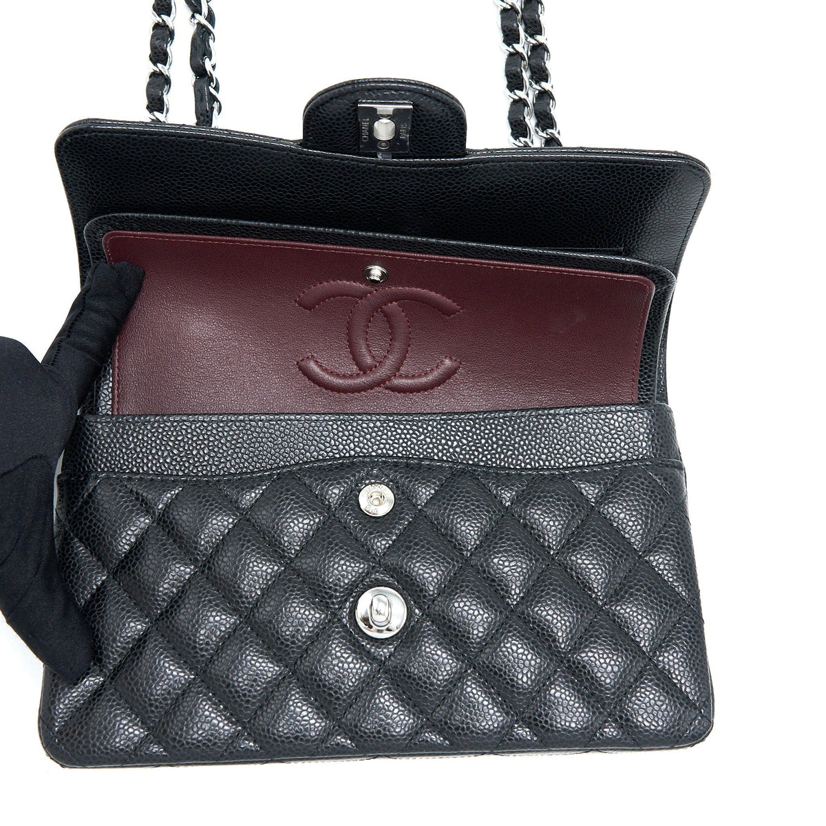 CHANEL SMALL CLASSIC DOUBLE FLAP BAG CAVIAR BLACK SHW(MICROCHIP)