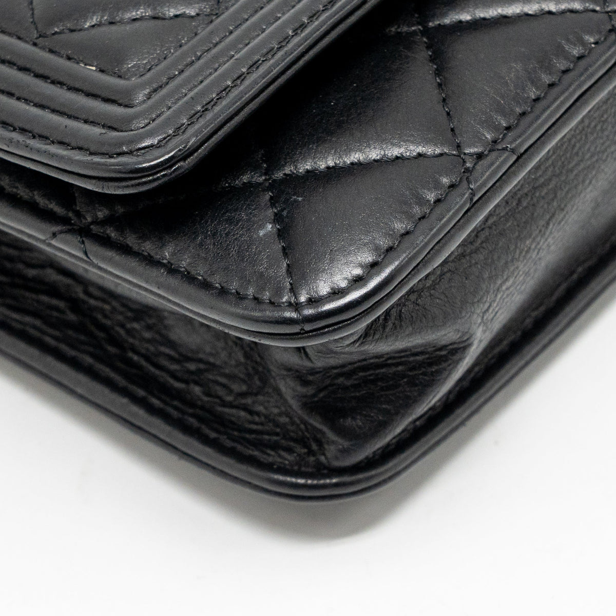 CHANEL BOY WALLET ON CHAIN CALFSKIN BLACK WITH BLACK HARDWARE