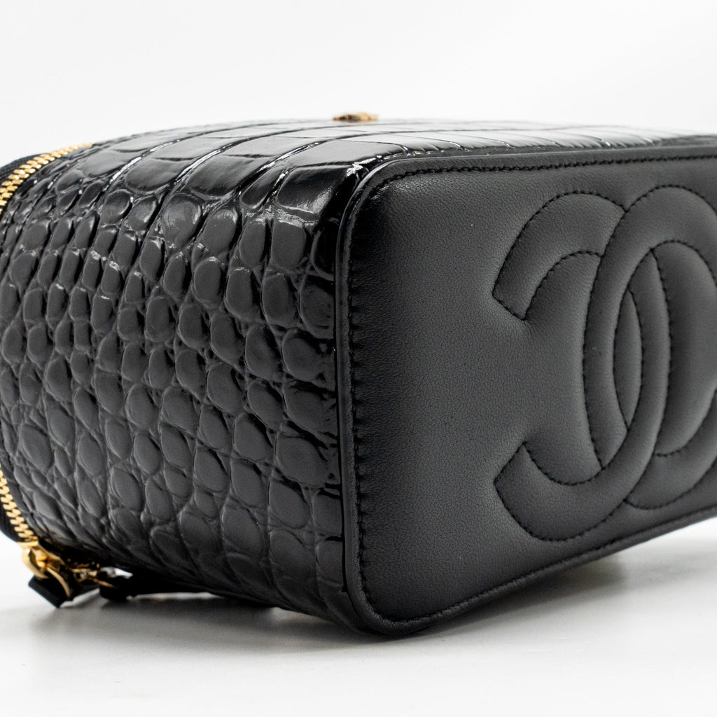 Chanel Top Handle Long Vanity Crocodile Embossed Calfskin Black GHW (Microchip)
