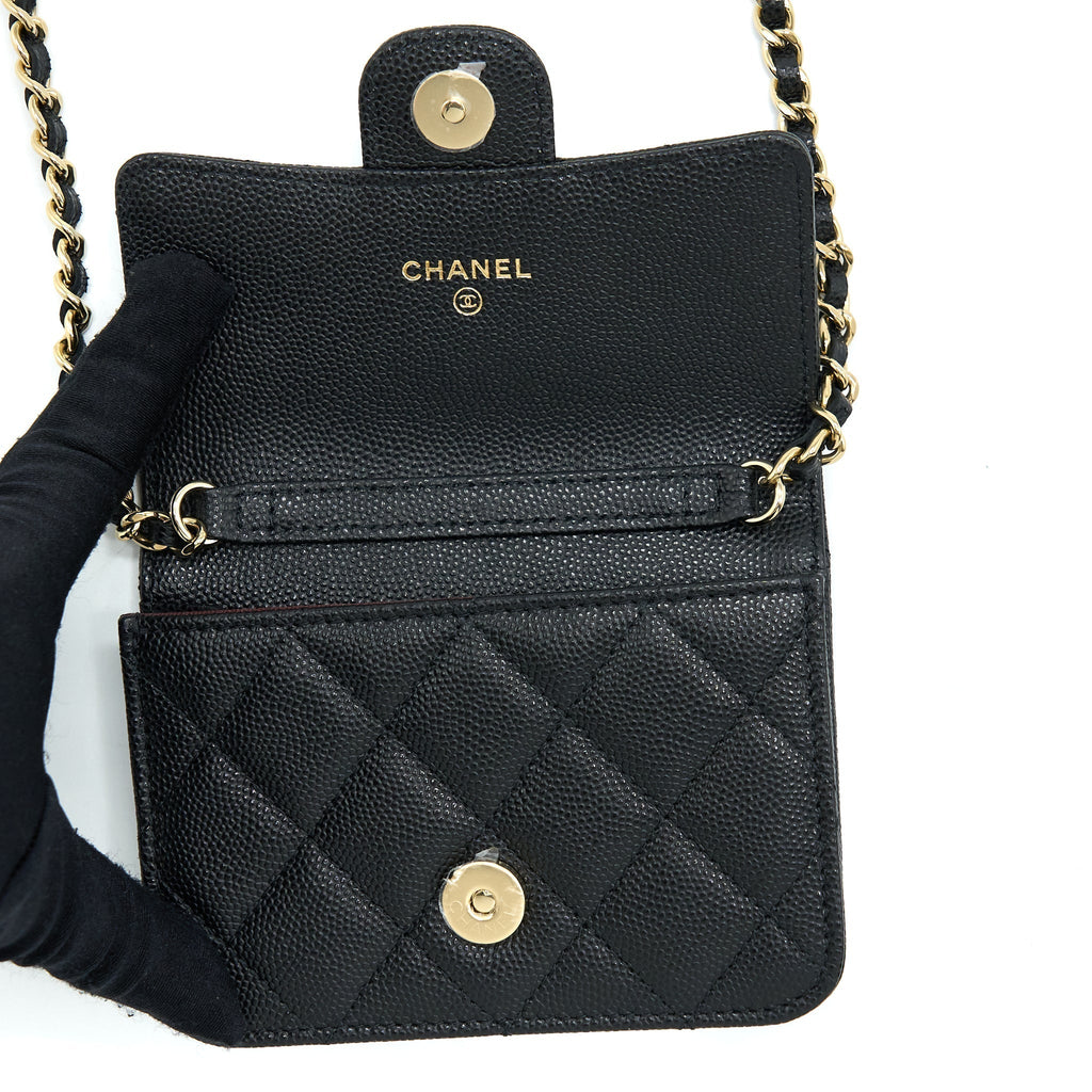 CHANEL MINI FLAP CARD HOLDER WITH CHAIN CAVIAR BLACK LGHW