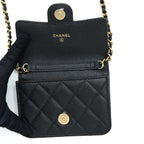 CHANEL MINI FLAP CARD HOLDER WITH CHAIN CAVIAR BLACK LGHW