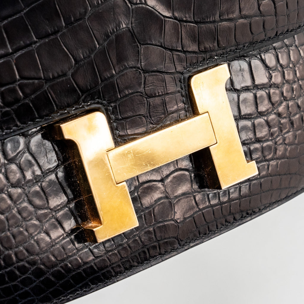 HERMES MINI CONSTANCE ALLIGATOR MISSISSIPPIENSIS SHINY BLACK GHW