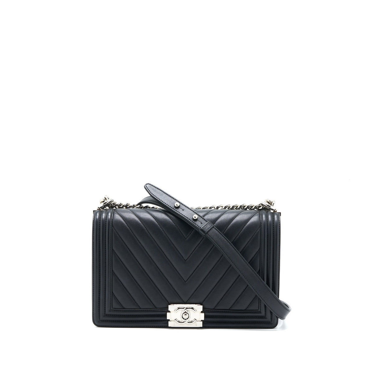CHANEL NEW MEDIUM BOY BAG CHEVRON LAMBSKIN BLACK SHW